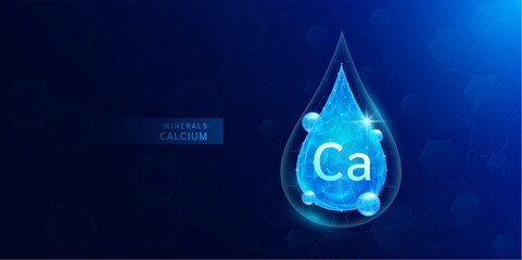 Fototapeta premium Water drop calcium minerals with blue polygon atom around. Vitamins complex for health protect and build immunity healthy. Medical scientific concepts. Banner vector illustration.