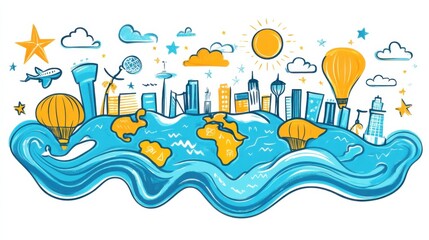 Naklejka premium Colorful and Creative Skyline Illustration with Hot Air Balloons, Airplane, Clouds, and Ocean Waves, Capturing a Whimsical View of a Coastal Cityscape