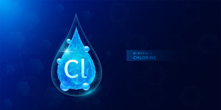Water drop chlorine minerals with blue polygon atom around. Vitamins complex for health protect and build immunity healthy. Medical scientific concepts. Banner vector illustration.
