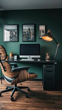 Modern workspace featuring a stylish chair, Mac computer, and wall art in a contemporary setting with a city view