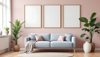 Pastel living room, sofa, plants, art prints, cozy interior design, home decor