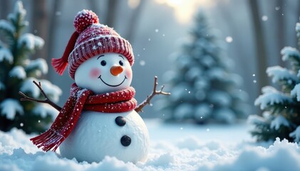 Frosty smile on snowman's face, scarf wrapped around neck, surrounded by evergreen trees and snowflakes, snowy landscape, festive, cheerful