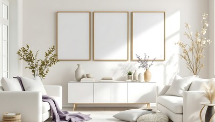 Modern living room interior, three blank frames, sunlight, minimalist decor, home staging