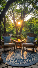 Rustic outdoor seating lush trees muggy day after rain soft cushion warm throw stone bench glowing lantern peaceful retreat lofi lo-fi music exterior patio ranch farm forest park zen yoga rural calm