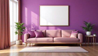 Pink sofa in purple room, sunlight, plants, modern interior design, home decor