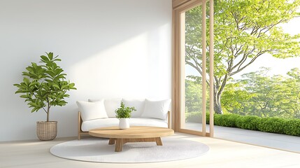 Fototapeta premium Relaxing living room with views of lush nature modern home interior design bright atmosphere