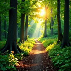 Obraz premium Forest Path with Sunlight Filtering through Trees, trees, sunlight filtering, tree canopy