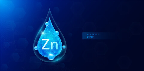 Fototapeta premium Water drop zinc minerals with blue polygon atom around. Vitamins complex for health protect and build immunity healthy. Medical scientific concepts. Banner vector illustration.
