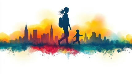 Vibrant Silhouette of a Mother and Child Walking Through an Urban Skyline in a Colorful Watercolor Style with Exuberant Hues and Dynamic Background Elements