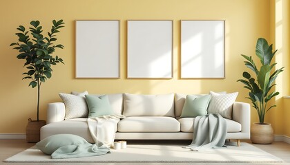 Yellow-walled living room, cozy sofa, plants, blank frames, sunlight.  Home decor mockup for interior design