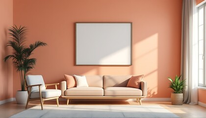 Coral room, modern sofa, armchair, plants, sunlight, mockup poster, interior design