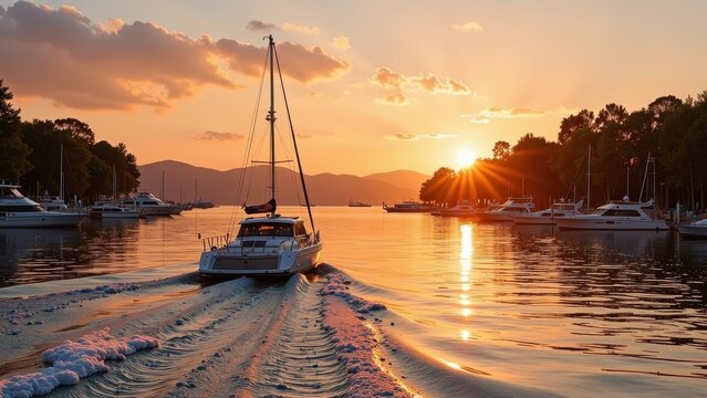 A serene sunset illuminates a white two-masted sailboat in a tranquil marina, its sails poised toward the horizon, flanked by a striking black flag
