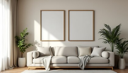 Modern living room, beige sofa, empty frames, sunlight, plants, minimalist design