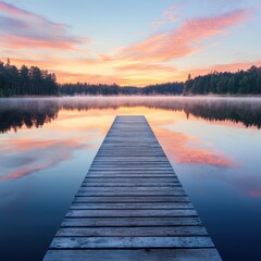 Serene Sunrise Reflections on Peaceful Lake with Wooden Pier