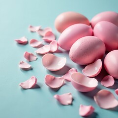 Delicate pink eggshell fragments scattered on a soft surface, delicate, pink, scattered