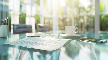Corporate policy document on a sleek glass desk in a modern office setting, symbolizing professionalism and business clarity. Professional workplace and corporate governance concepts.