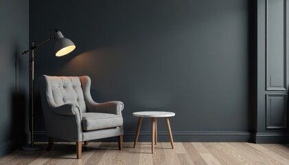 Dark walls with grey armchair, floor lamp, and marble side table, luxurious, sophisticated, dark walls