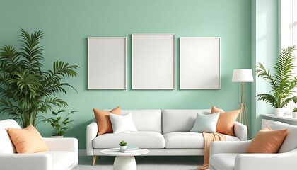 Modern living room interior design; mint wall, white sofa, plants