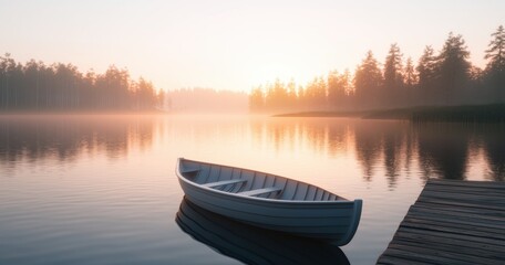 Serene Sunrise over Calm Lake with Rowboat and Misty Forest Background