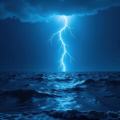 Dark swirling ocean waters with vibrant blue lightning flash, blue lightning, stormy ocean, electric blue