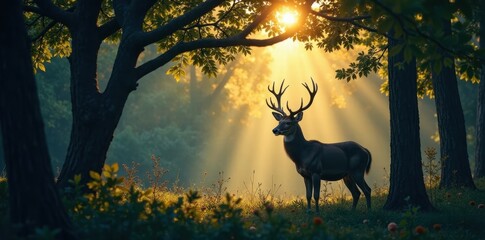 dark forest foliage with oak leaf oval frame silhouette of a deer, nature photography, forest, wildlife