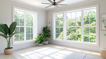 Fototapeta premium Modern minimalist living room with large windows and lush greenery bright atmosphere