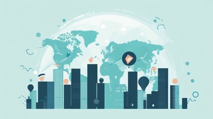 Modern Urban Landscape with Global Map, City Skyline, and Vibrant Design Elements Representing Technology, Connectivity, and Globalization in a Minimalist Style