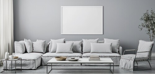 Modern living room with gray walls and crisp white poster frame, perfect for minimalists.
