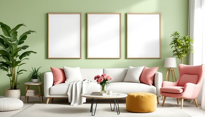 Pastel living room, sofa, plants, mockups, modern interior design