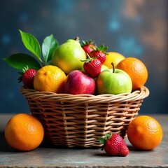 Colorful basket overflowing with vibrant fruits, produce display, fruit arrangement, fruits basket