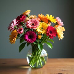 Fototapeta premium Colorful arrangement of flowers in a glass vase on a wooden table, colorful, vase, plants