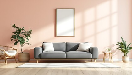 Minimalist living room with grey sofa, plants, and sunlight