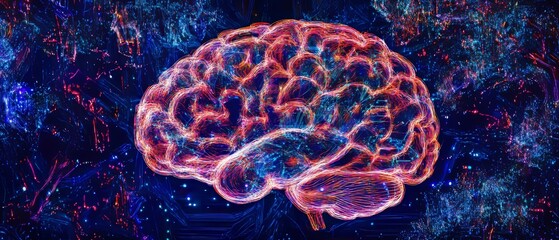 Obraz premium An abstract image of a brain illuminated by glowing neural networks, set against a digital background, symbolizing the intricate connections and boundless potential of artificial intelligence 