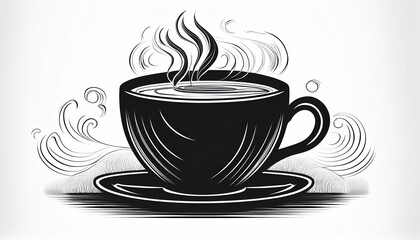 Obraz premium A steaming black coffee cup on a saucer, emitting wisps of steam, symbolizes warmth and comfort.
