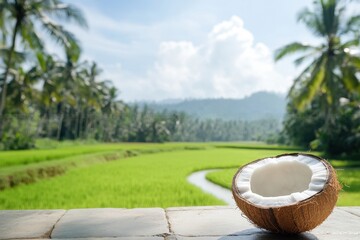 Fresh Coconut Shell on a Beautiful Tropical Landscape with Lush Green Rice Fields and Palm Trees in...