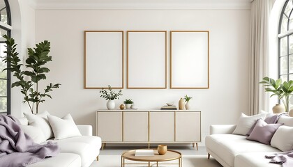 Elegant living room interior design mockup; three blank frames; neutral color scheme; large windows