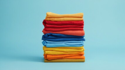 "Colorful Stack of Neatly Folded Clothes on Light Blue Background"