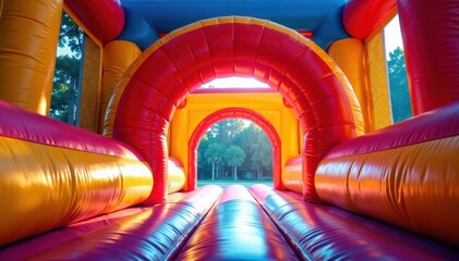 Brightly lit bounce house entrance with arches and gates, entrance, gates, arches