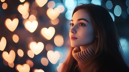 Woman Gazes at Heart-Shaped Lights, Nighttime Reverie, Urban Setting, Romantic Ambiance, Dreamy Atmosphere, Peaceful Feelings, Serene Mood, Soft Lighting, Captivating Scene, Evening Glow