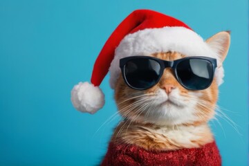 "Festive Cat Portrait: Orange cat in Santa hat and sunglasses on blue background, exuding cheerful holiday vibes."