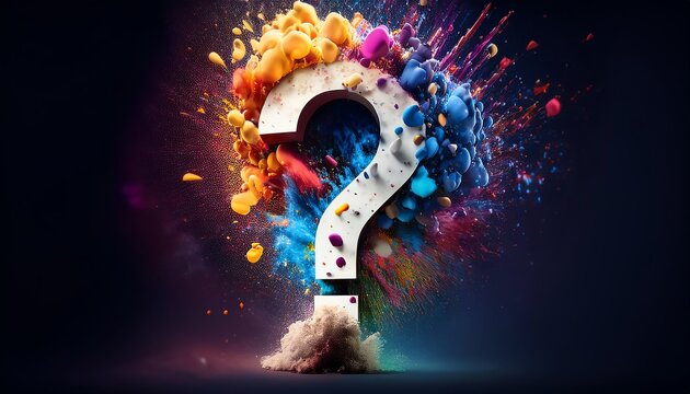 A vibrant question mark bursts with colorful splashes, symbolizing creativity, curiosity, and the exploration of ideas.