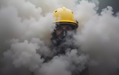 Firefighter in protective gear enveloped in smoke