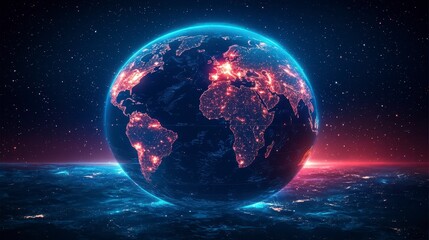 Glowing Earth at night, city lights, space.