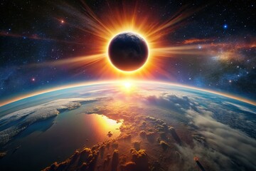 Obraz premium Majestic Solar Eclipse Shadow Over Earth - Fiery Corona Display