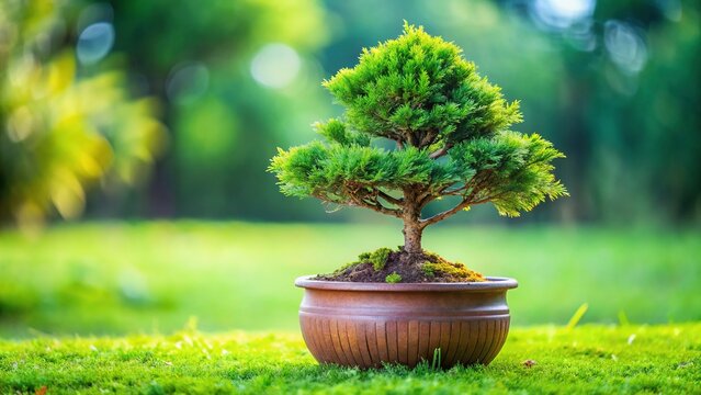 Miniature Thuja Bonsai Tree in Ceramic Pot on Green Lawn - High-Resolution Stock Photo