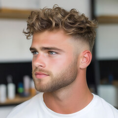 Fototapeta premium Stylish male haircut showcase urban barbershop portrait photography modern environment close-up view trendy aesthetics
