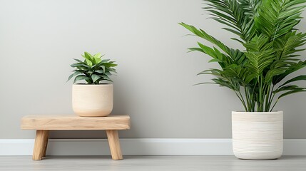 Fototapeta premium Eye-level view of indoor plant arrangement on wooden stand in minimalist living room