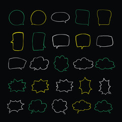 Simple hand drawn speech bubble illustration set vector on black background. Set of simple hand drawn doodle speech bubbles in various sizes and shapes. Doodle speech bubble set on black background