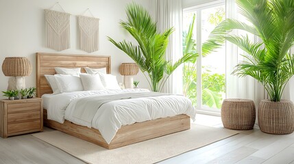 Fototapeta premium Serene bedroom retreat with lush greenery home decor indoor bright minimalist design
