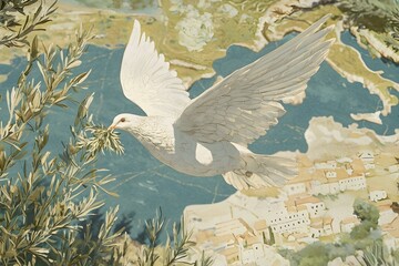 Obraz premium White dove carrying olive branch over coastal town. Symbol of peace, hope, and new beginnings.